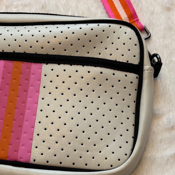 Stylish White Neoprene Bag with Pink and Orange Stripes - Picture 2 of 9